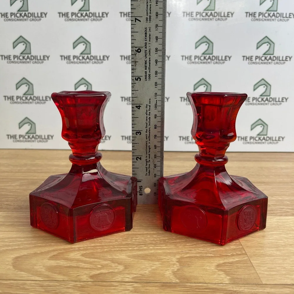 Vintage Ruby Red Glass Coin Candlestick Holders Hexagon Liberty Bell Set of 2